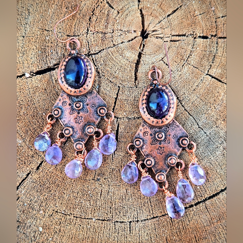 Ancient Sumerian Inspired. Natural Amethysts On Weathered Ornate Antique Copper